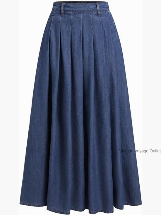 Dresses & Skirts - Maxi Denim Skirt High Waisted A-Line Pleated with Pockets Regular Fit